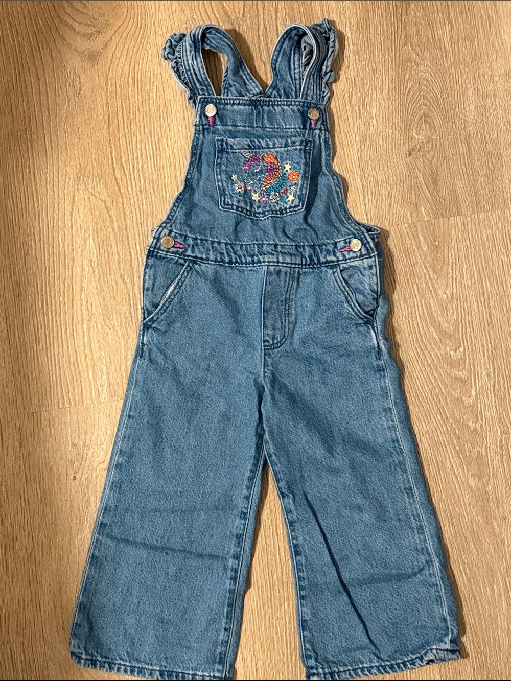 Gap Kids Blue Denim Overalls with Embroidered Unicorn Pocket